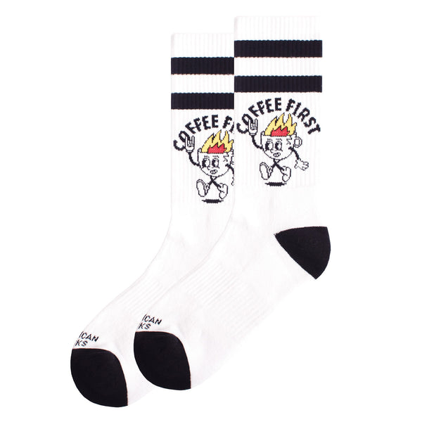 Chaussette American Sock Blanc Motif Café qui Brule Unisexe Vue de coté