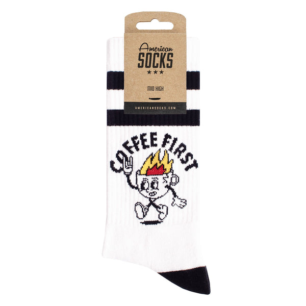 Chaussette American Socks Blanc Motif Café qui Brule Unisexe Vue de face
