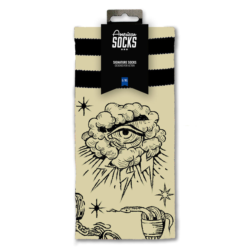 Chaussette American Socks Beige et Noir Motif Médiéval Unisexe Vue de Face packaging