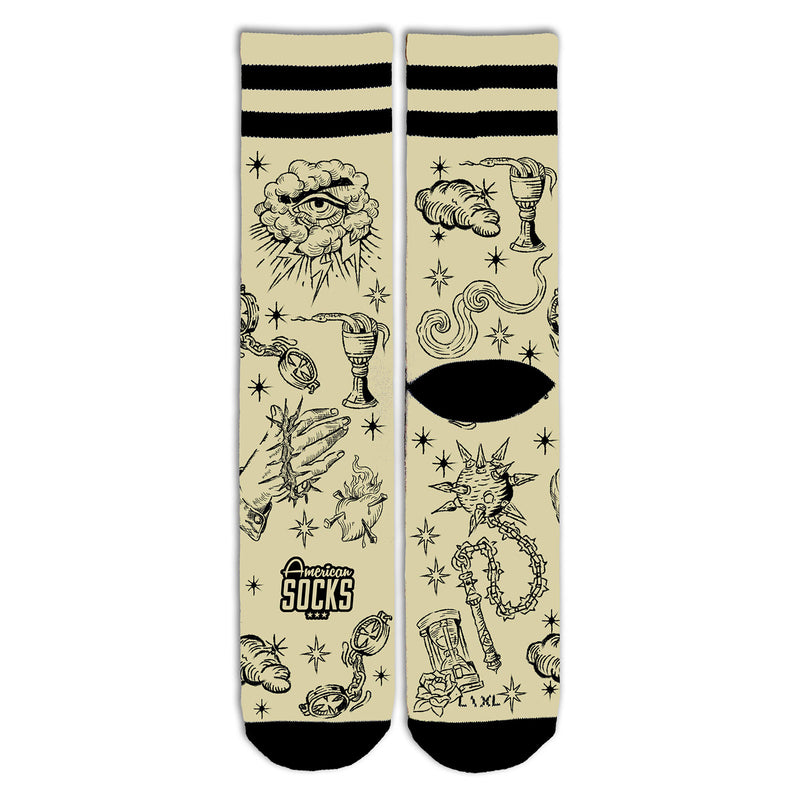 Chaussette American Socks Beige et Noir Motif Médiéval Unisexe Vue de Face 