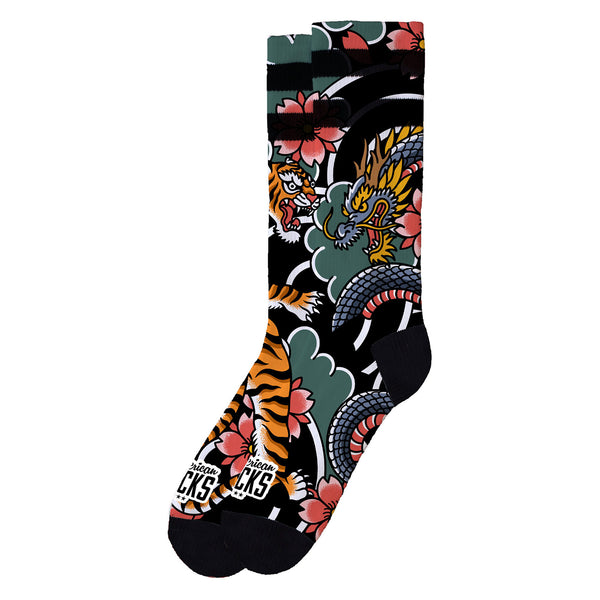 Chaussette American Socks Noir Motif Tigre et Dragon Unisexe Vue de coté