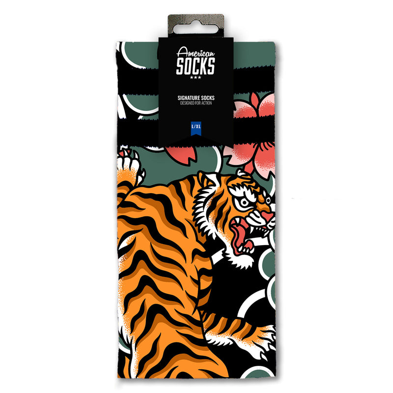 Chaussette American Socks Noir Motif Tigre et Dragon Unisexe Vue de face packaging