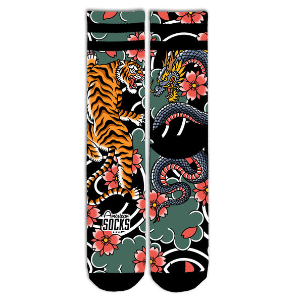 Chaussette American Socks Noir Motif Tigre et Dragon Unisexe Vue de face