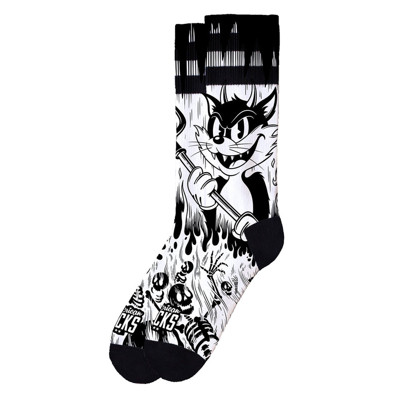Chaussette American Socks Unisexe Noir et Blanc Motif Chat Diable Vue de coté