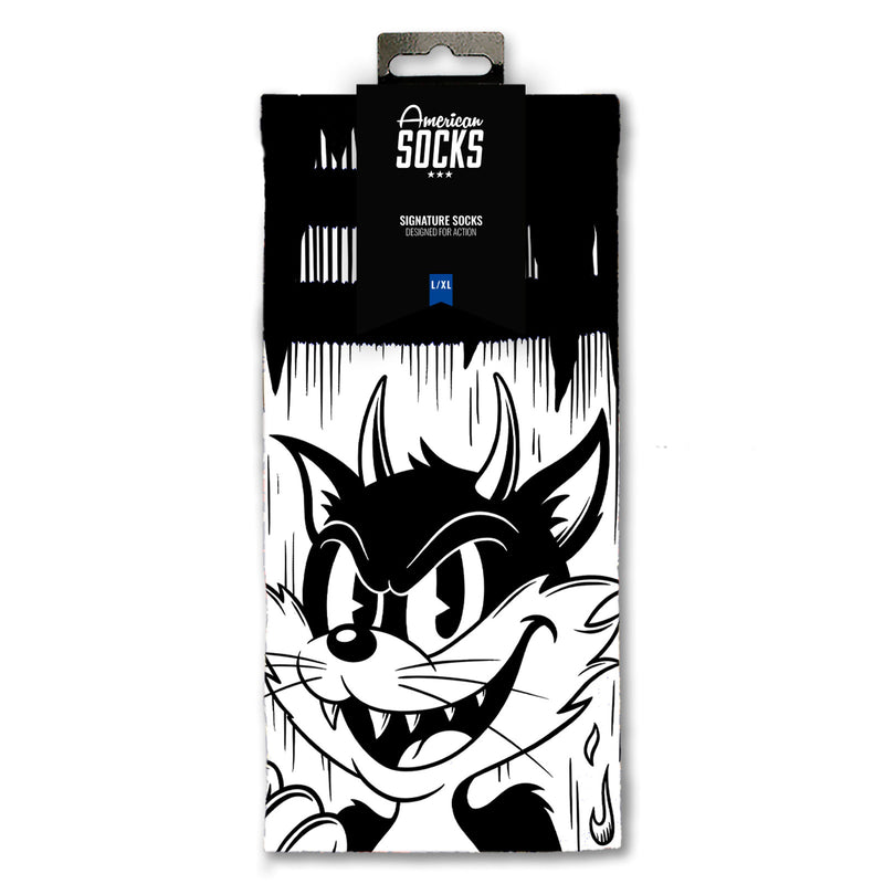 Chaussette American Socks Unisexe Noir et Blanc Motif Chat Diable Vue de face packaging