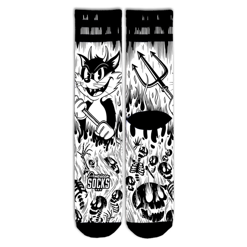 Chaussette American Socks Unisexe Noir et Blanc Motif Chat Diable Vue de face