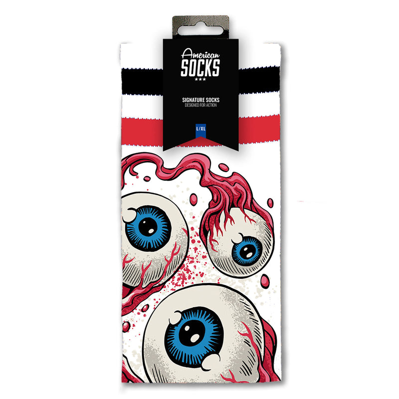 Chaussette American Socks Motif Eye Blanc Rouge et Noir Unisexe Vue de face packaging