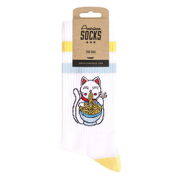 Chaussette American Socks Blanc Unisexe Motif Chat mange nouille Vu de  face