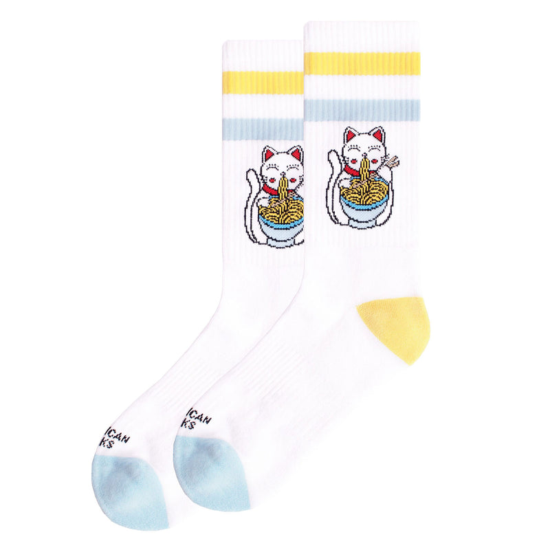 Chaussette American Socks Blanc Unisexe Motif Chat mange nouille Vu de   coté