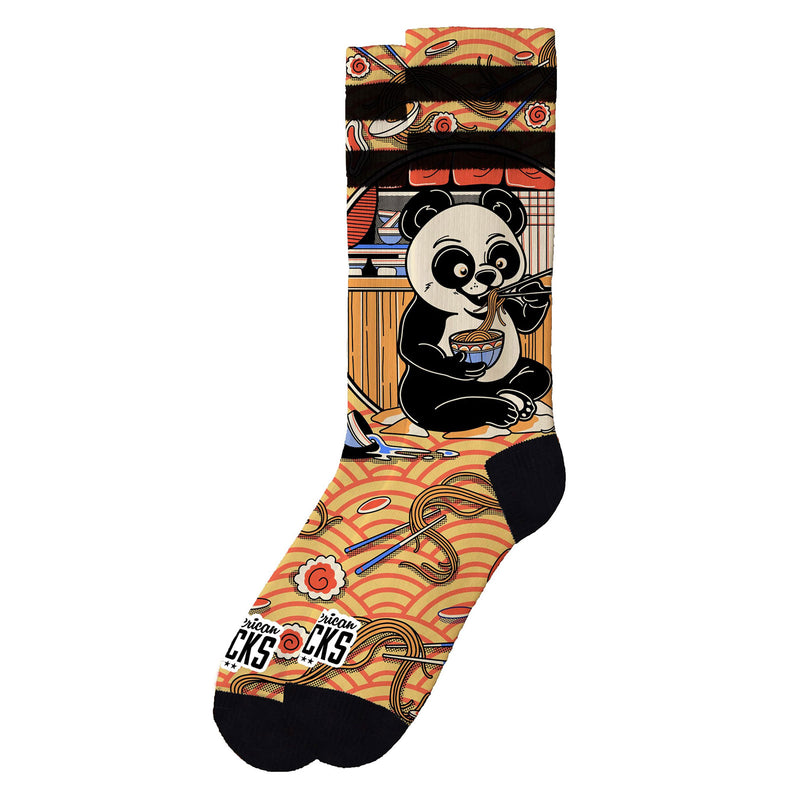 Chaussette American Sock Orange et Noir Motif Panda mange Nouille Vue de coté 