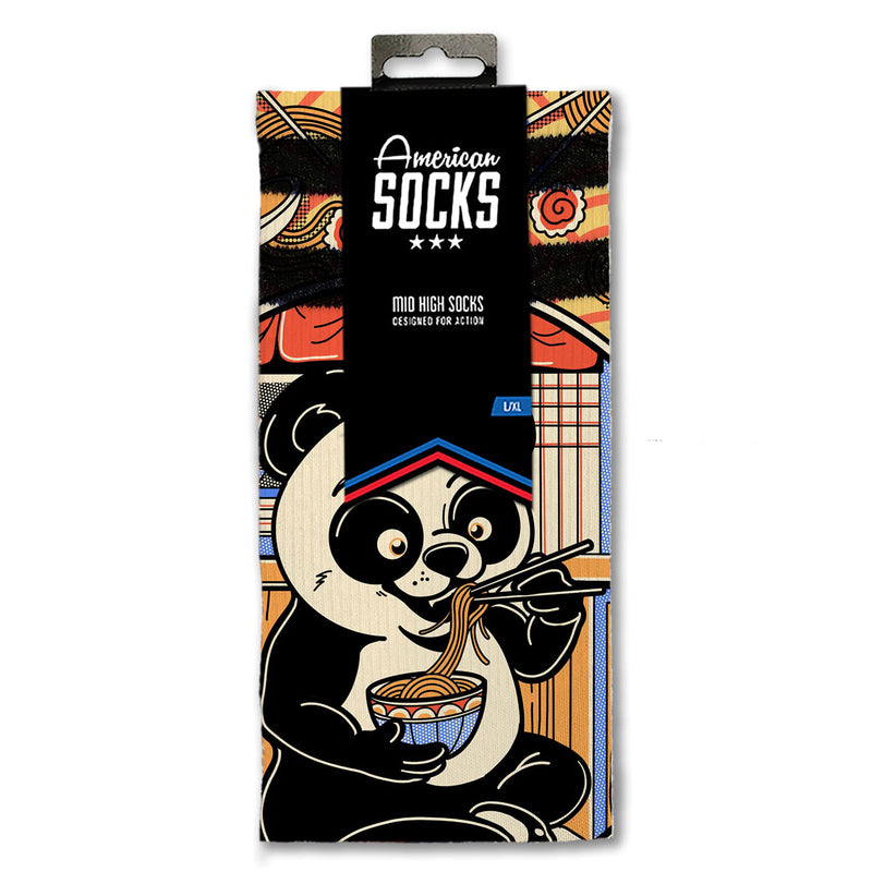Chaussette American Sock Orange et Noir Motif Panda mange Nouille Vue de face packaging