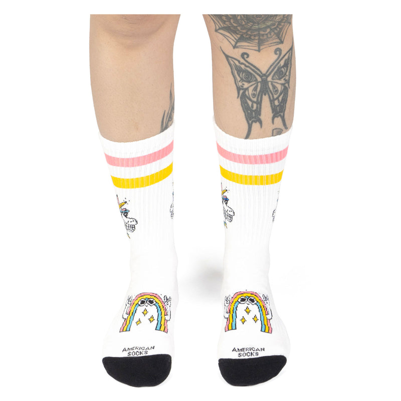 Chaussette American Socks Blanc Unisexe Motif Licorne Vue de face mannequin