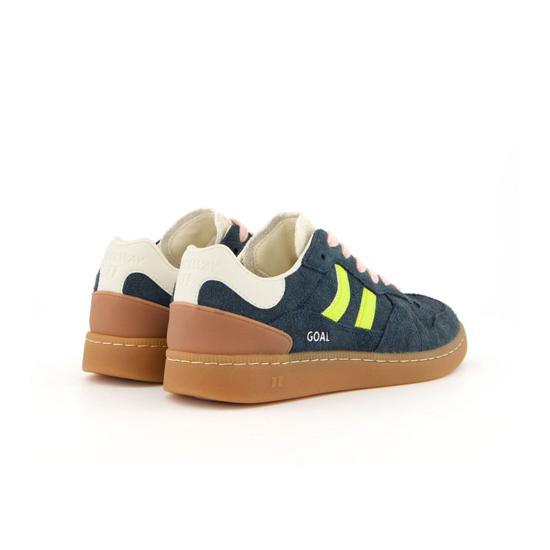 Three-quarter rear view of Coolway Goal men’s navy sneakers with sculpted retro heel and 2000s vibe