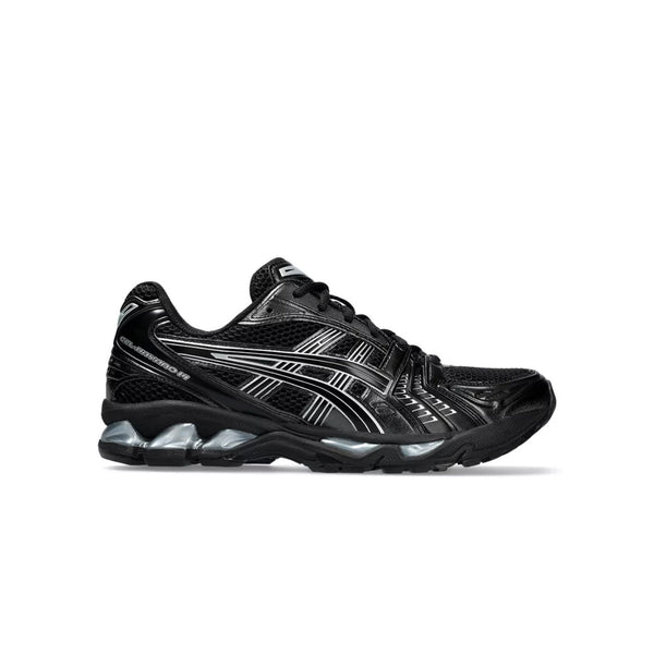 Asics Gel-Kayano 14 side profile black mesh with silver overlays