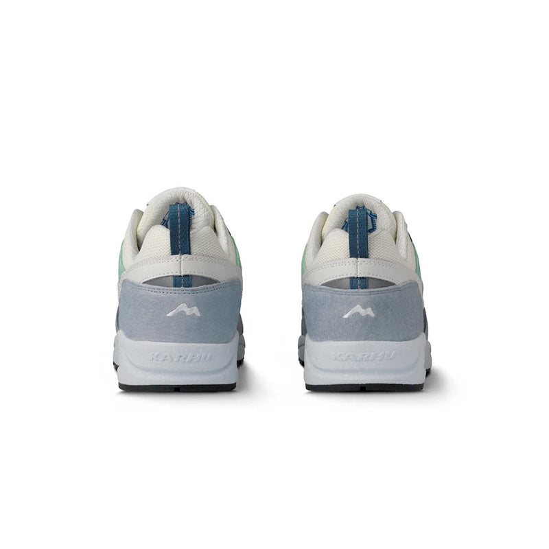 Back view of Karhu Fusion 2.0 – Pearl Blue heel with pull tab and Karhu branding detail