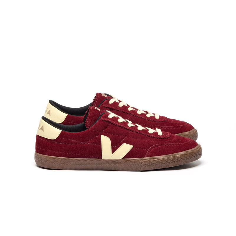 Side view of sustainable VEJA Panenka suede sneakers in grenat red with sun and bark details