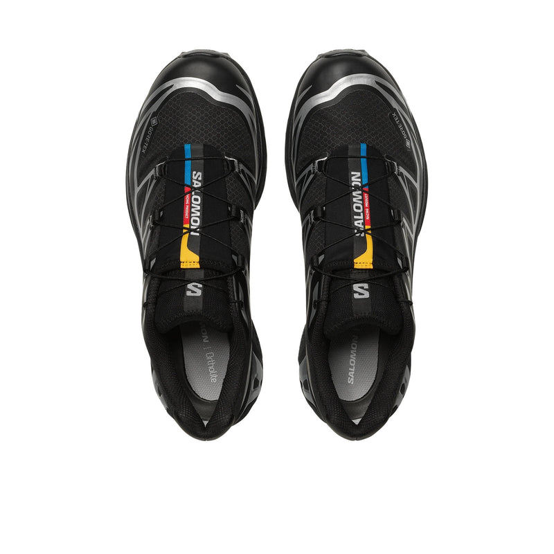 Salomon XT-6 GORE-TEX noire en vue 3/4, design trail moderne et robuste