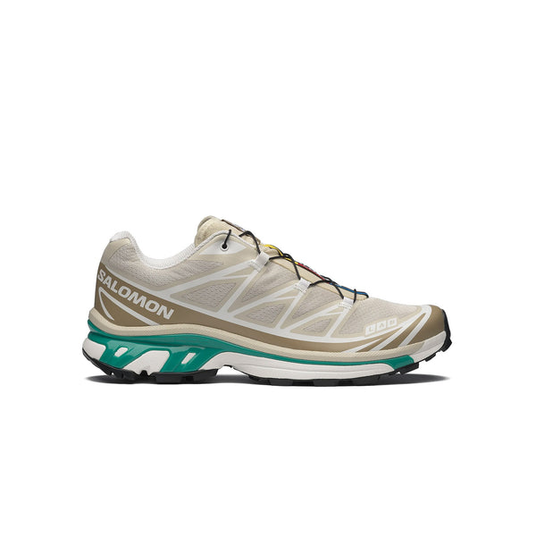 baskets salomon sneakers hommes XT-6 beige et turquoises vue de profil