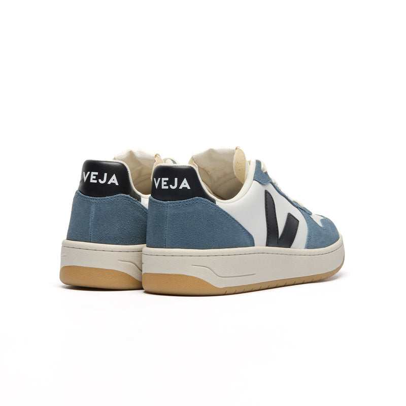 Back view of Veja V-10 Prime Leather men's sneakers in white and California blue with heel logo