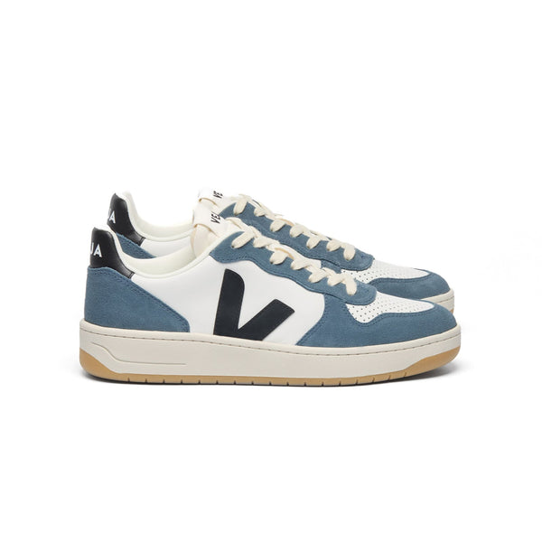 Side view of sustainable Veja V-10 Prime Leather sneakers in white, black, and California blue for men