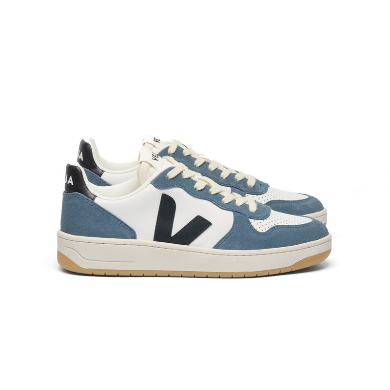 Side view of sustainable Veja V-10 Prime Leather sneakers in white, black, and California blue for men