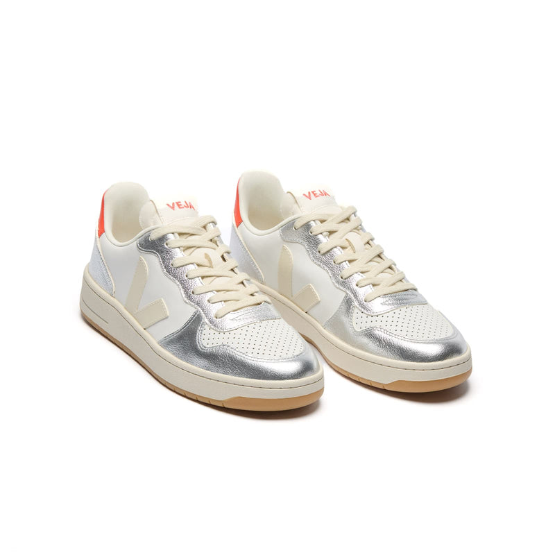 Three-quarter view of Veja V-10 white and silver low-top eco sneaker for women