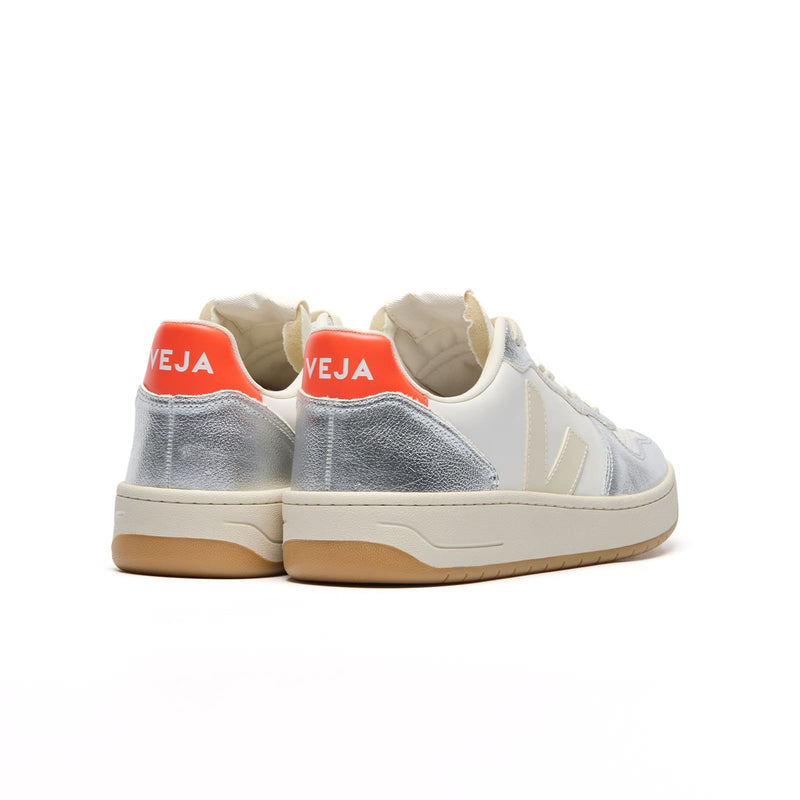 Back view of Veja V-10 Prime Leather sustainable sneaker with silver heel accent