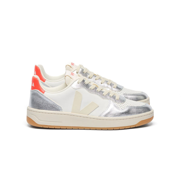 Side profile of Veja V-10 Prime Leather women’s sneaker in white and silver