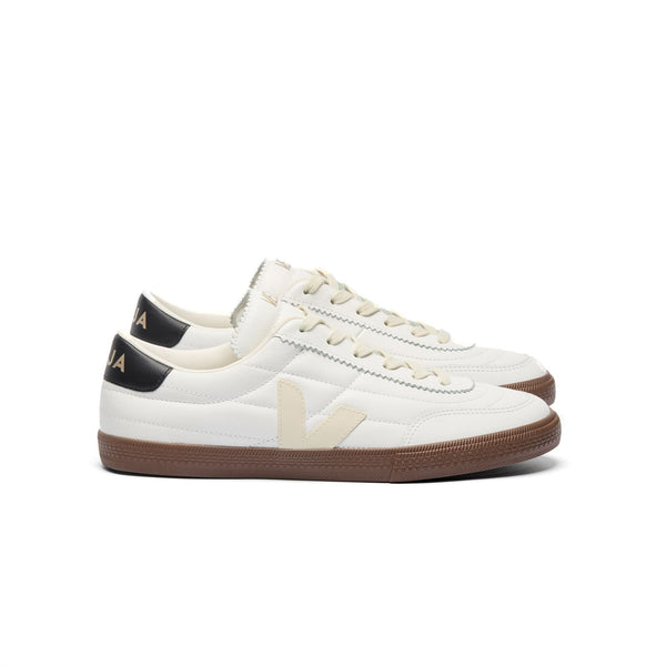 Side view of sustainable VEJA Panenka OT Leather sneakers in white and earth tones