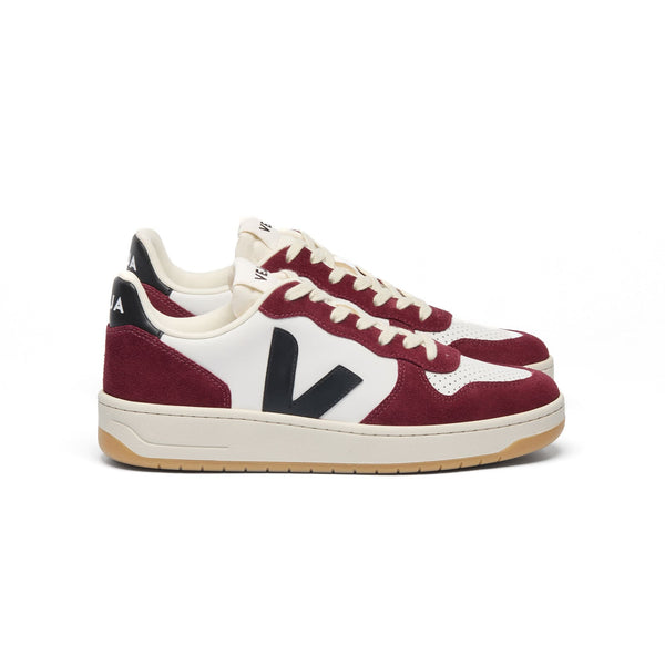 Side view of sustainable Veja V-10 Amarante burgundy leather sneakers for women