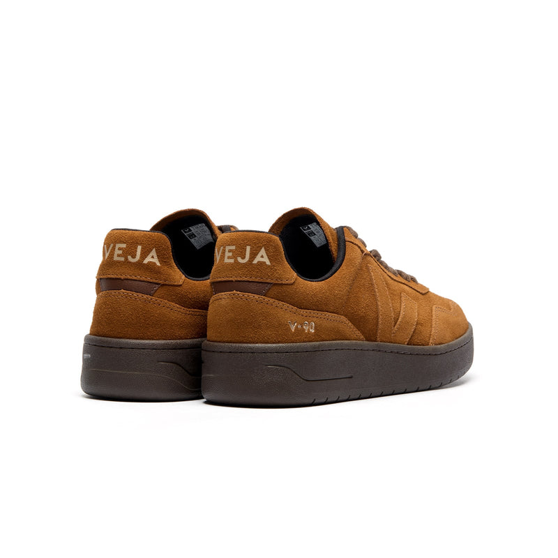 Back view of sustainable VEJA V-90 suede sneakers for men with heel logo