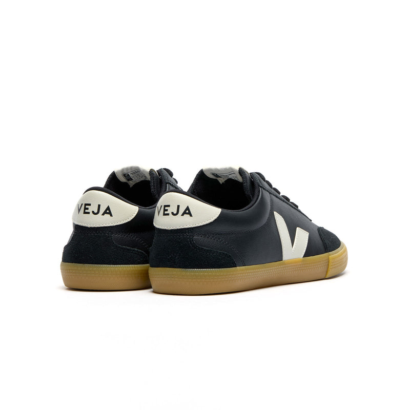 Back view of Veja Volley – black sustainable sneakers with heel logo and vintage court shoe design
