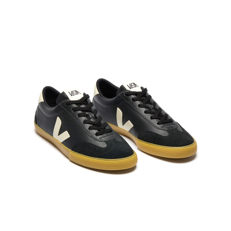 Top view of Veja Volley – black leather sustainable sneakers with classic lacing and low-top cut