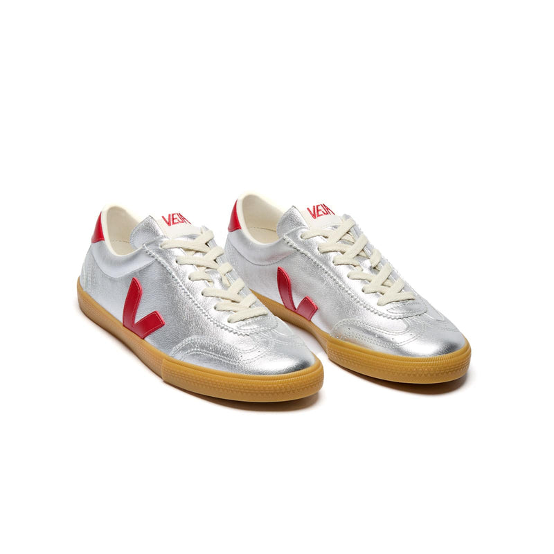 Three-quarter view of Veja Volley O.T. Leather silver and red eco-friendly women's shoe