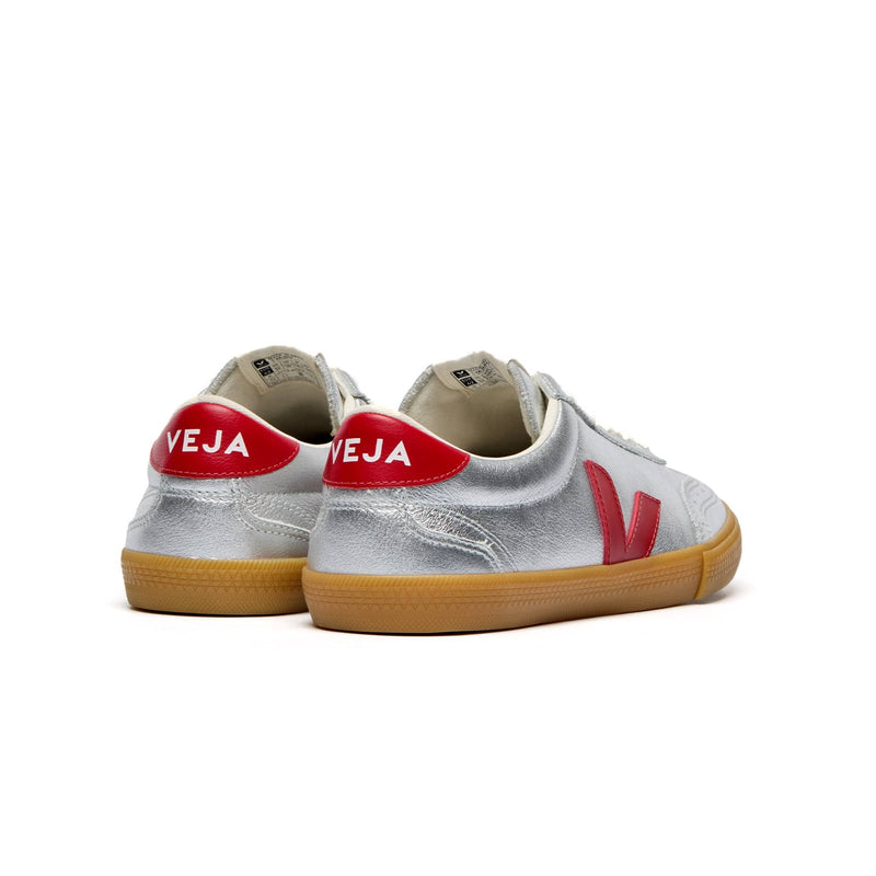 Rear view of Veja Volley O.T. Leather silver sustainable sneaker for women
