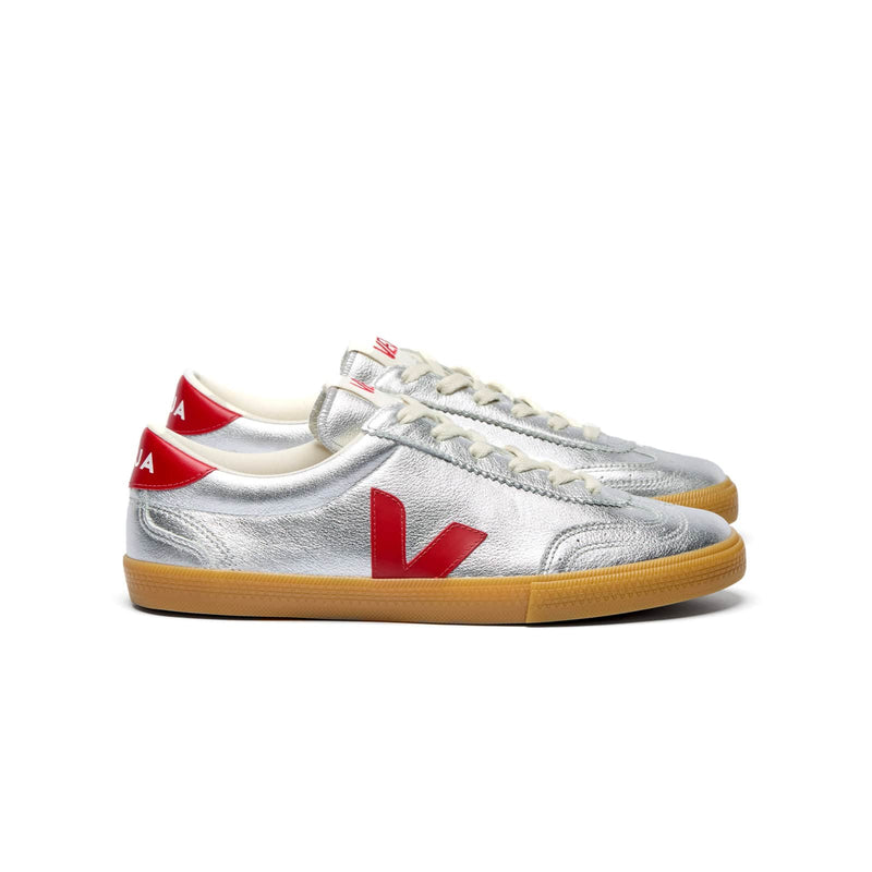 Side view of Veja Volley O.T. Leather women's sneaker in shiny silver and pepper red