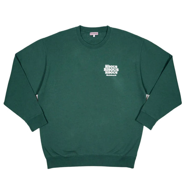 Sweat crewneck bisous skateboard vert forêt avec graphisme grease blanc a l'arrière - vue de face