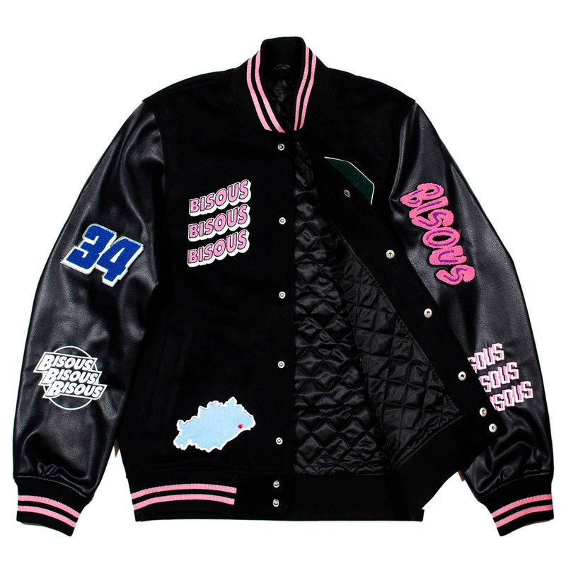 Veste varsity jacket bisous skateboards noir vue de face ouverte 