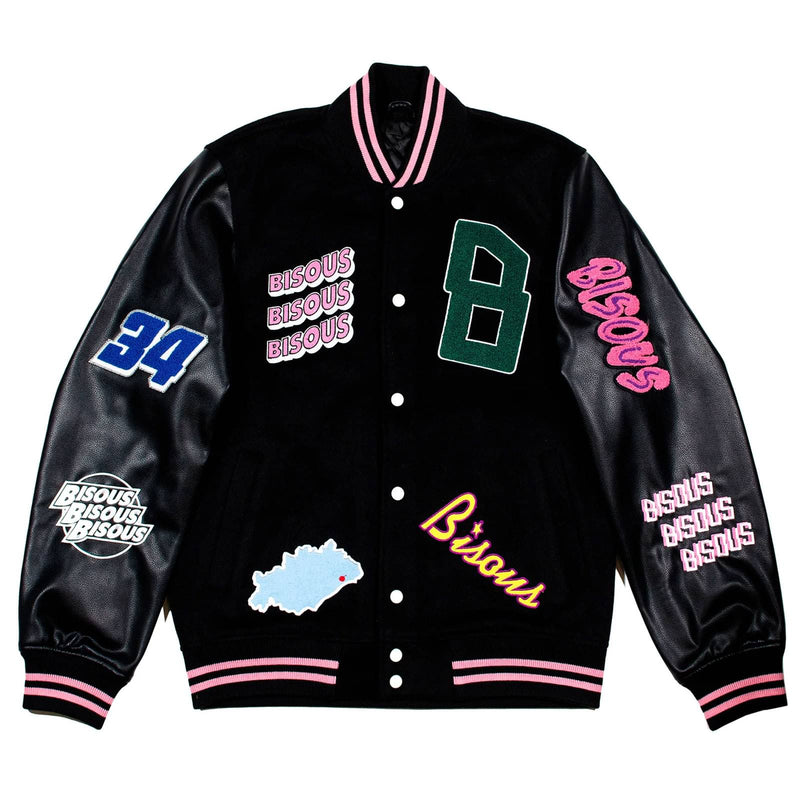 Veste varsity jacket bisous skateboards noir vue de face