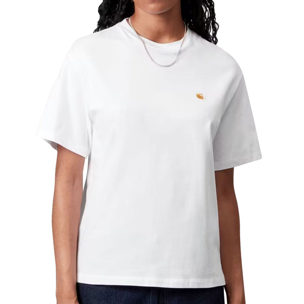 T-shirt carhartt femme blanc broderie chase gold vue de face mannequin