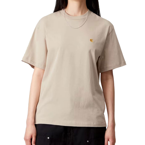 T-shirt Carhartt Beige Femme Broderie logo Gold a l'avant gauche - Vue de face mannequin 