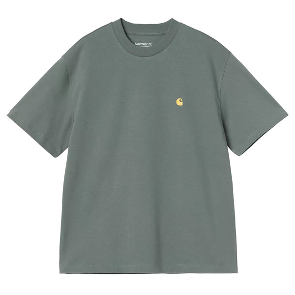 T-shirt Carhartt Vert Femme Broderie Logo Gold a l'avant gauche - Vue de face