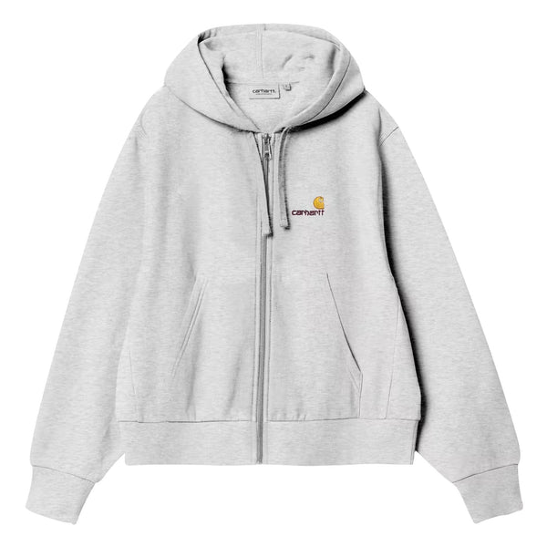 Pull a capuche carhartt gris femme logo american script vue de face 