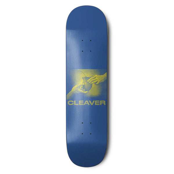 Planche de skate Cleaver skateboard bleu avec graphisme main matcha jaune - vue de face 