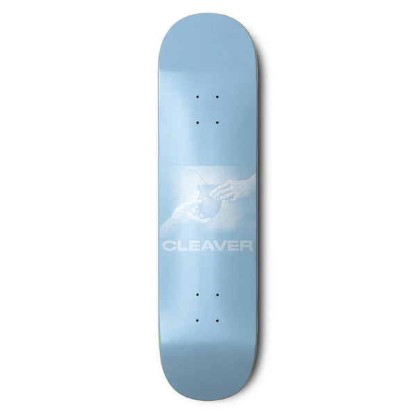 Planche de skate Cleaver skateboard bleu ciel avec graphisme main matcha blanc - vue de face 