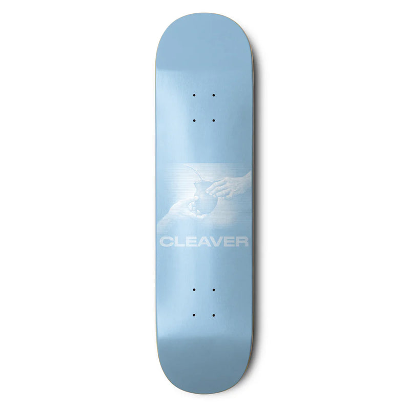 Planche de skate Cleaver skateboard bleu ciel avec graphisme main matcha blanc - vue de face 