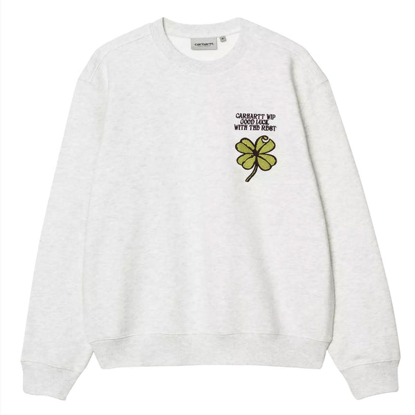 Sweat crewneck carhartt gris broderie trèfle carhartt sur le coté droit vue de face