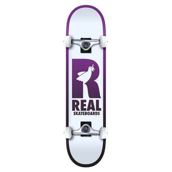 Skateboard complet Real Blanc et violet graphisme R avec colombe free vue de face