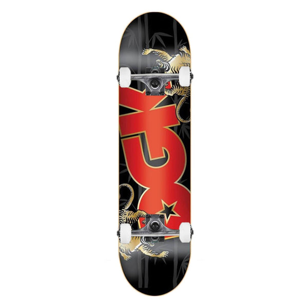 Skateboard complet DGK noir graphisme tigre et gros logo DGK en rouge vue de face