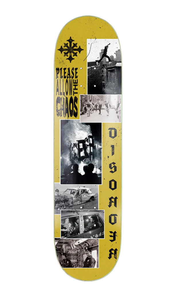 Planche de skate disorder skateboard jaune graphisme patc - vue de face 